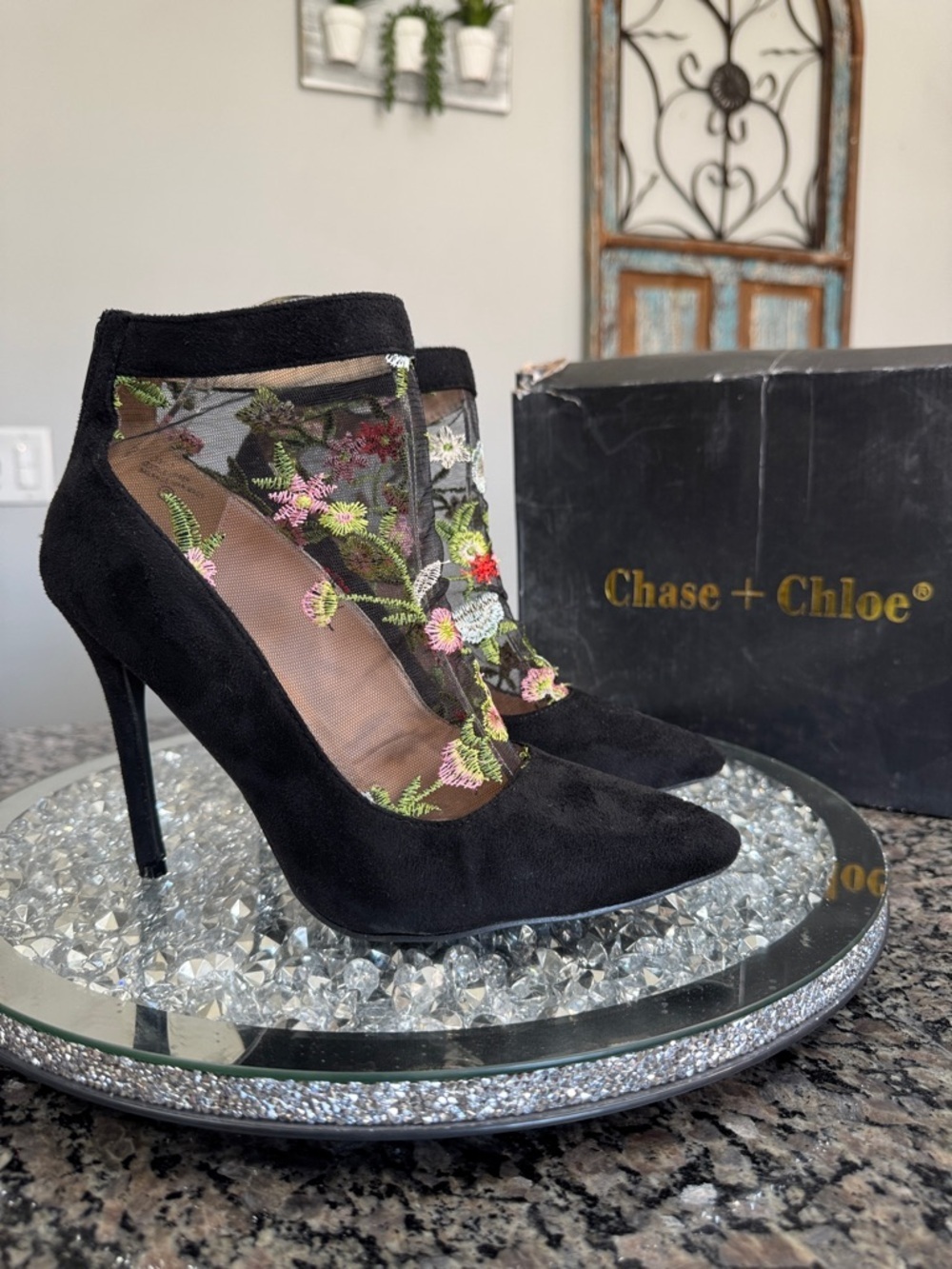 Chase + Chloe Black Suede Pointed-Toe Heels with Floral Embroidered Mesh 8